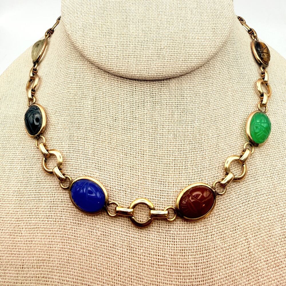Vintage AMCO 12K Gold Filled Scarab Choker Necklace 9 Multi Color Gemstones 15"